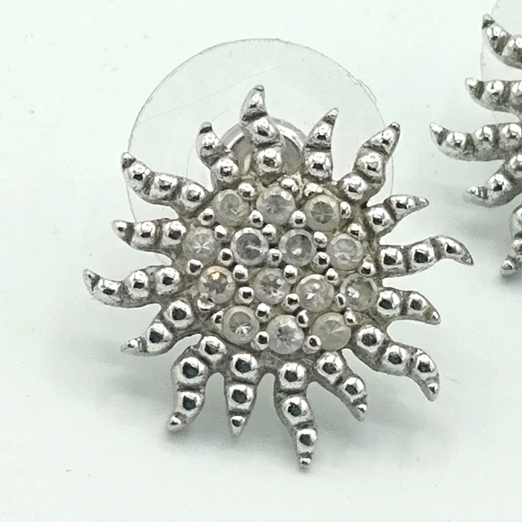 Silver Stamped S25 Starburst Sunburst Snowflake Rhinestone Post Back Earrings - Picture 3 of 7